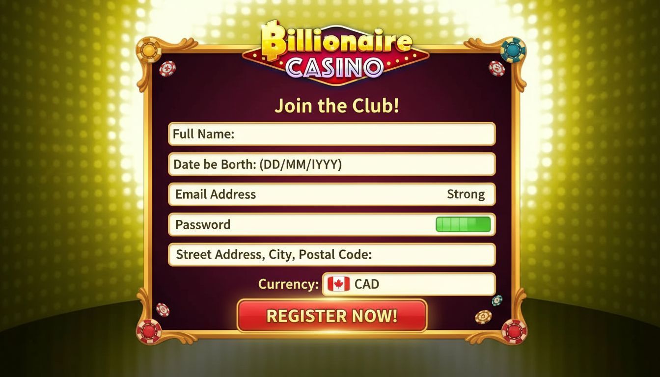 A screenshot-style illustration of a registration form with Canadian elements, showing fields for personal info and currency choice.  