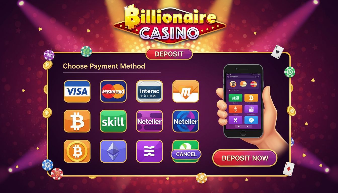 A selection of deposit methods shown with credit cards, Interac, e-wallets and crypto