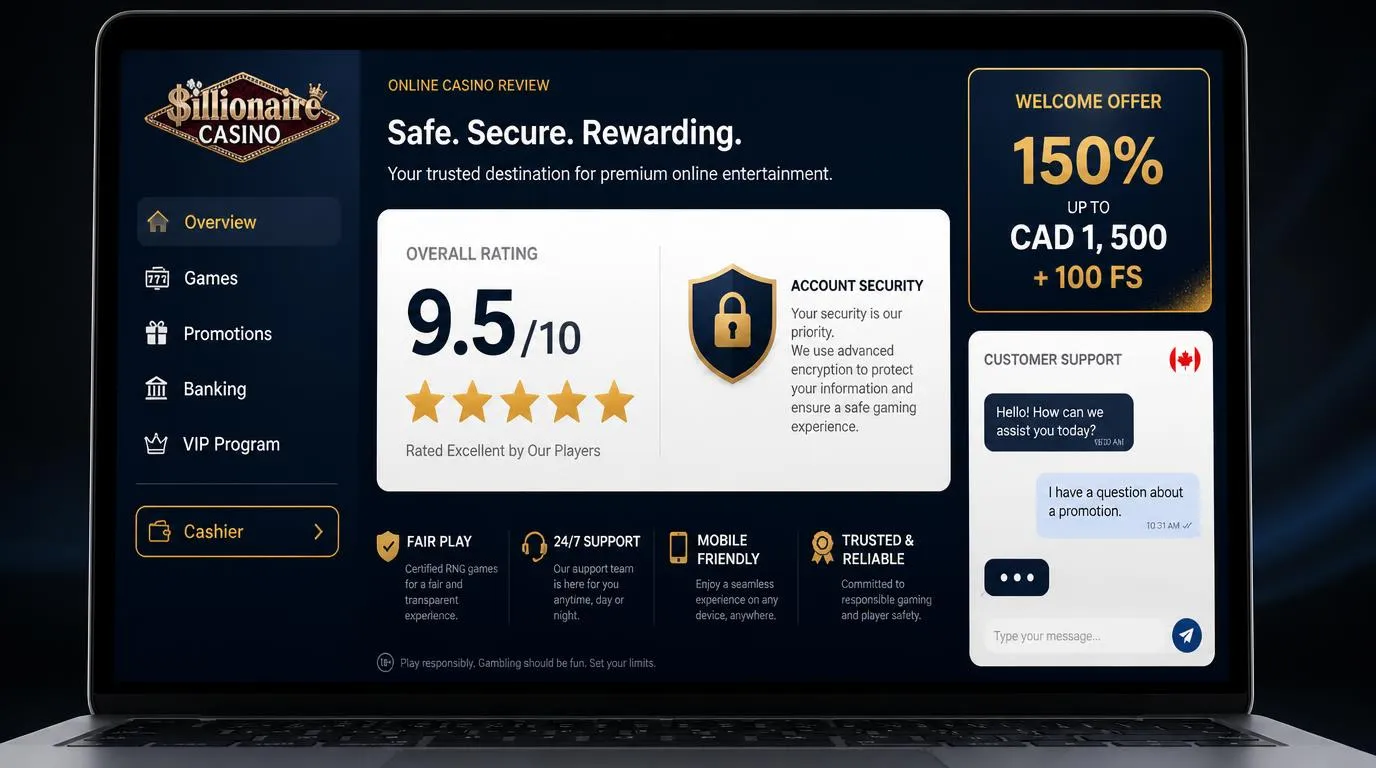 Online casino review dashboard displaying a 9.5 out of 10 rating beside a Canadian player support panel