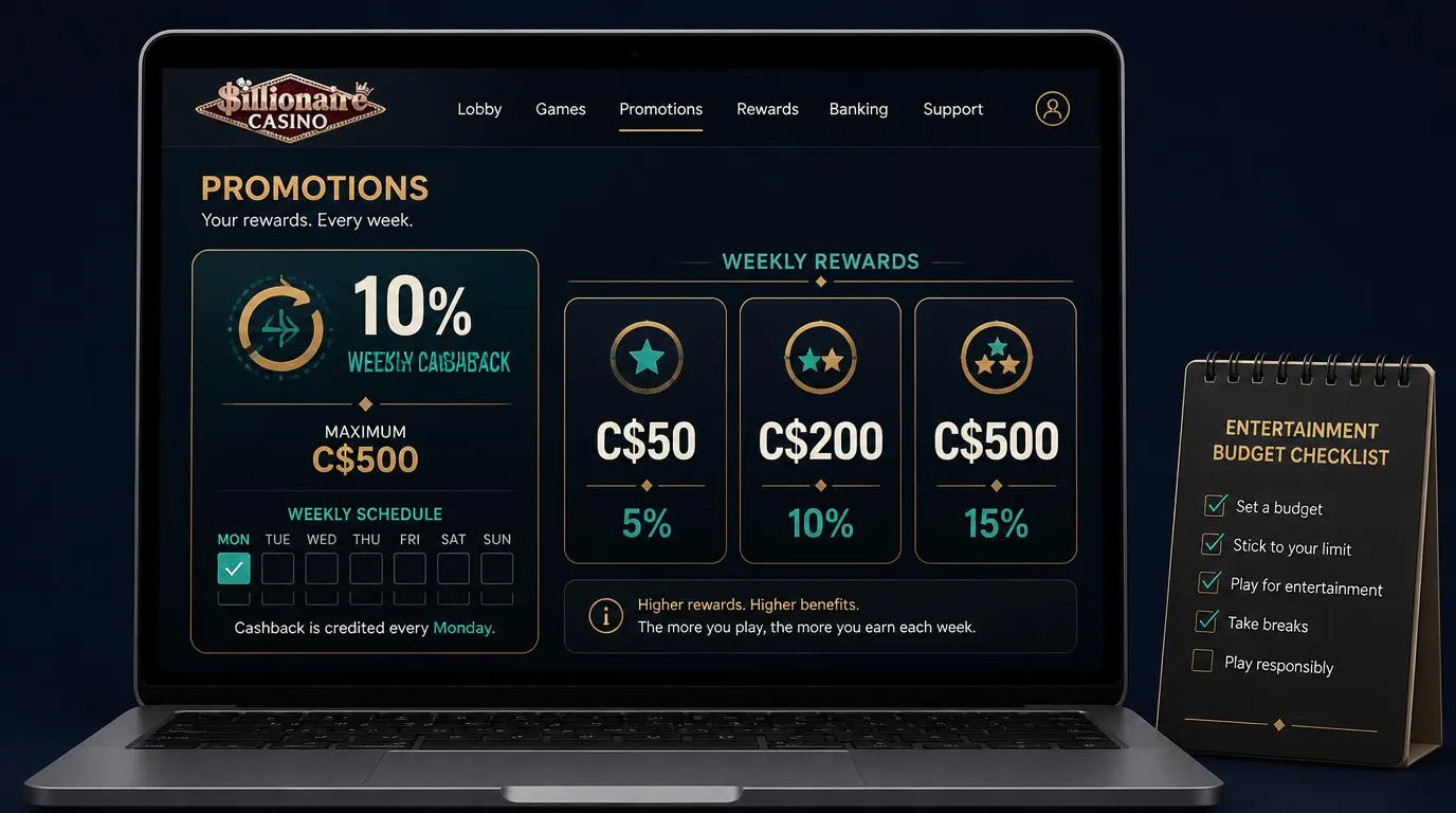 Online casino promotions dashboard showing Monday cashback and three weekly deposit reward tiers in Canadian dollars