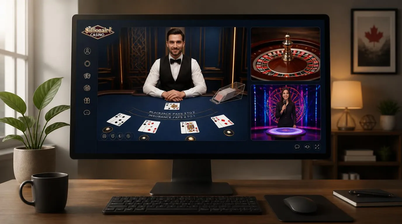 Online live casino display featuring a professional dealer, Blackjack cards and a Roulette wheel