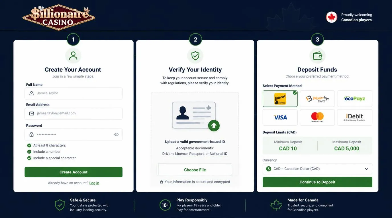 Online casino registration, identity verification and CAD deposit steps displayed in a clean interface