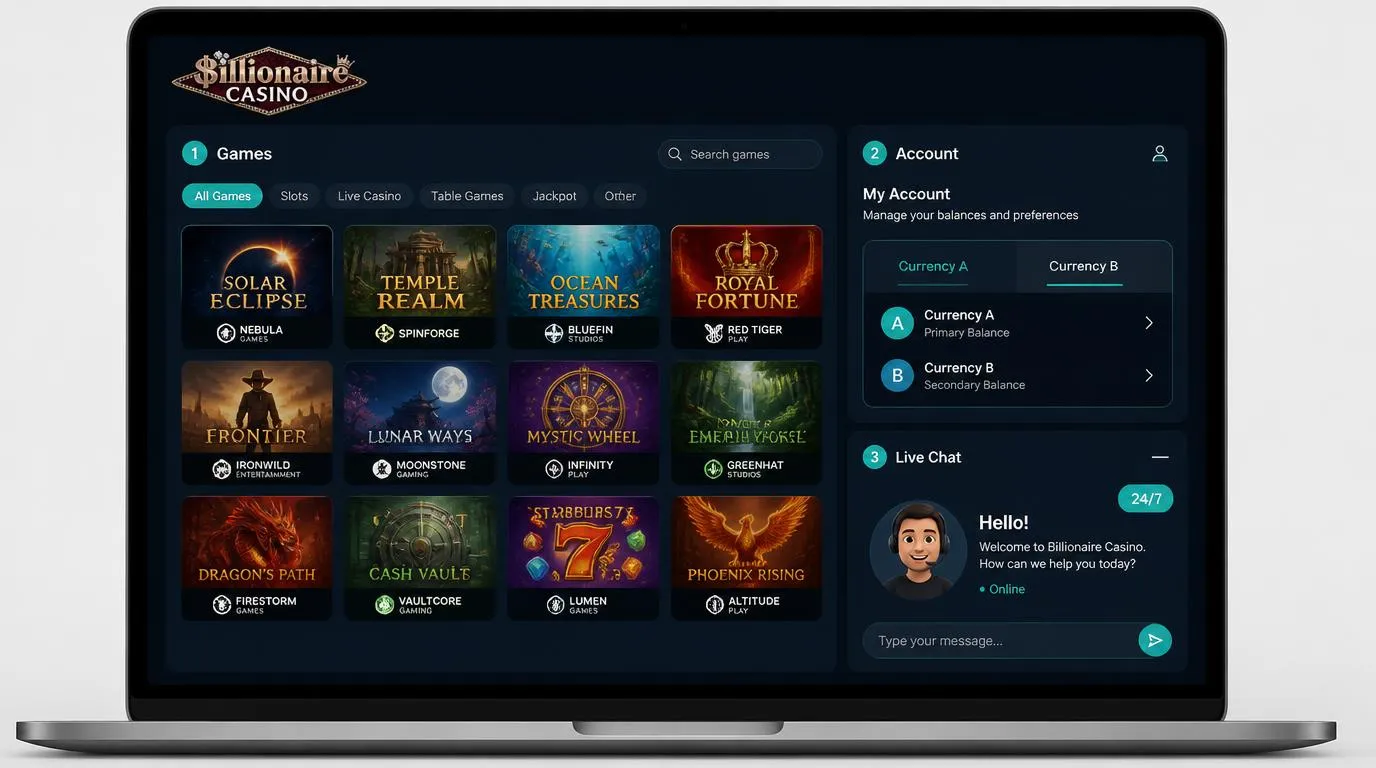 Online casino interface concept with varied game cards, multiple currency tabs and a 24/7 live chat panel