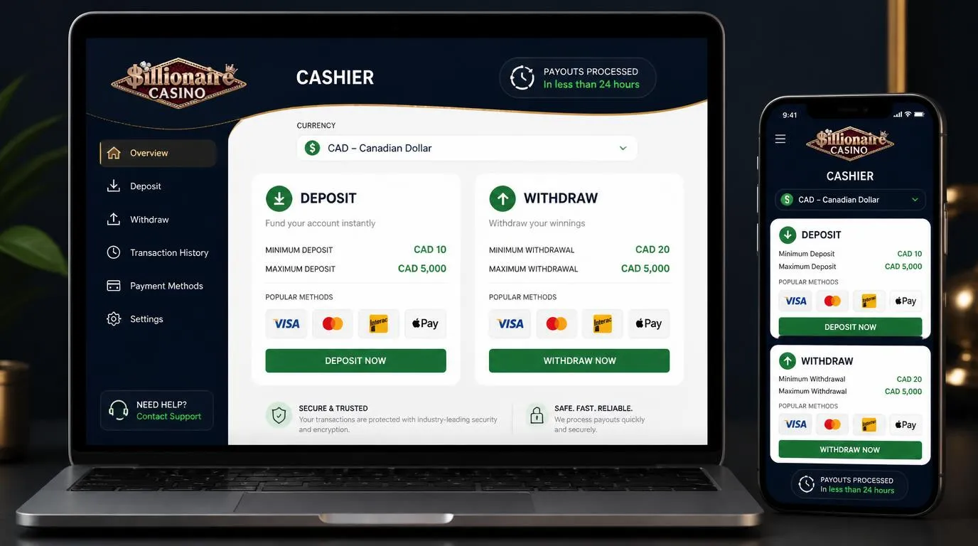 Online casino cashier mockup with CAD selected, payment options, and deposit and withdrawal limits